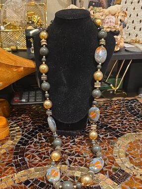 Gold and Gray Decorative Beaded Long Necklace